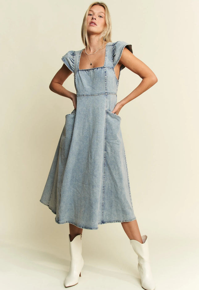 Jade By Jane Full Size Ruffled Denim Midi Dress Plus Size - THE AMERICAN BLUE