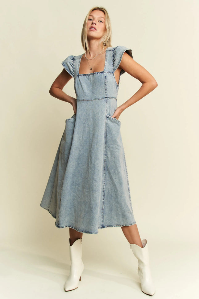 Jade By Jane Full Size Ruffled Denim Midi Dress Plus Size - THE AMERICAN BLUE