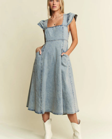 Jade By Jane Full Size Ruffled Denim Midi Dress Plus Size - THE AMERICAN BLUE