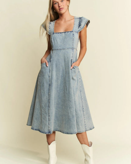 Jade By Jane Full Size Ruffled Denim Midi Dress Plus Size - THE AMERICAN BLUE