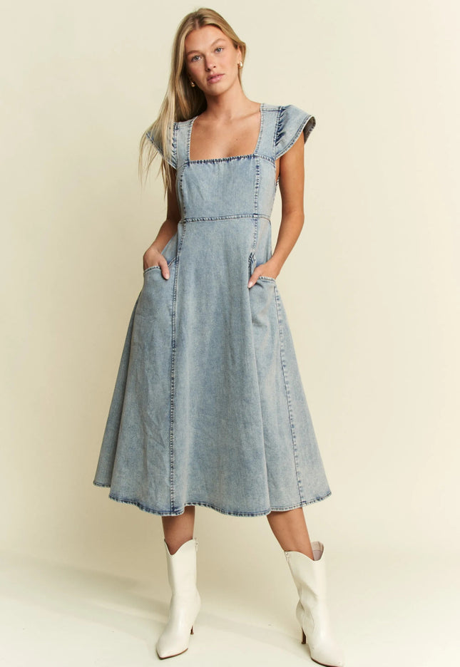 Jade By Jane Full Size Ruffled Denim Midi Dress Plus Size - THE AMERICAN BLUE