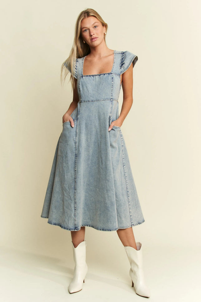 Jade By Jane Full Size Ruffled Denim Midi Dress Plus Size - THE AMERICAN BLUE