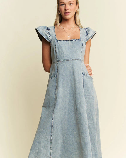 Jade By Jane Full Size Ruffled Denim Midi Dress Plus Size - THE AMERICAN BLUE
