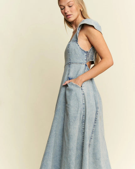 Jade By Jane Full Size Ruffled Denim Midi Dress Plus Size - THE AMERICAN BLUE