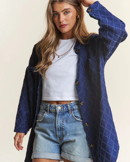 J.NNA Rhombus Stitched Button Up Denim Shacket - THE AMERICAN BLUE