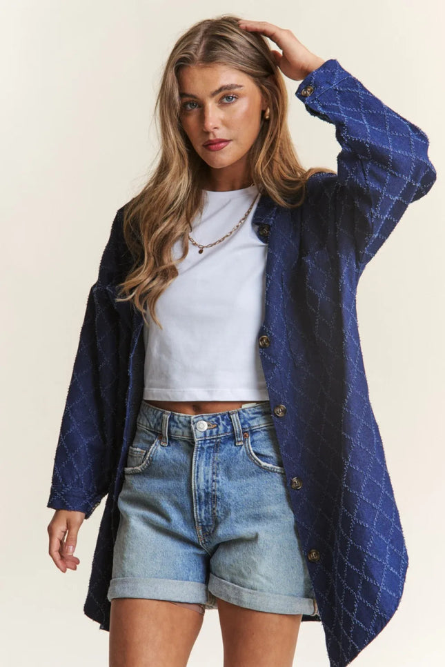 J.NNA Rhombus Stitched Button Up Denim Shacket - THE AMERICAN BLUE