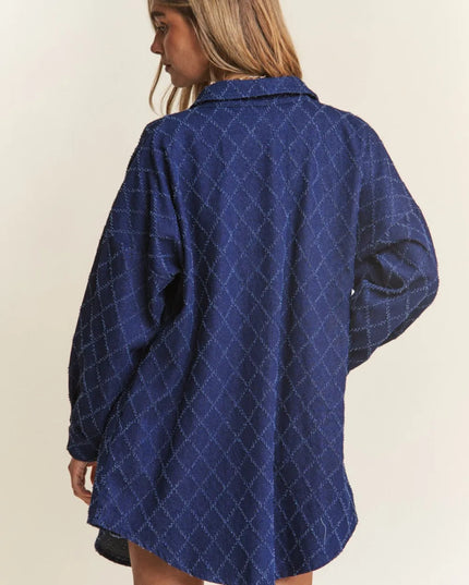 J.NNA Rhombus Stitched Button Up Denim Shacket - THE AMERICAN BLUE