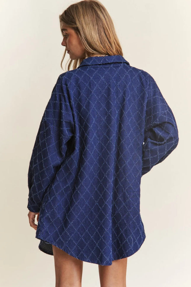 J.NNA Rhombus Stitched Button Up Denim Shacket - THE AMERICAN BLUE