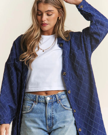 J.NNA Rhombus Stitched Button Up Denim Shacket - THE AMERICAN BLUE