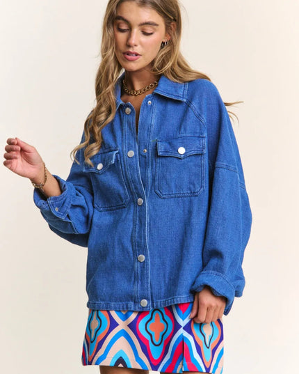 J.NNA Snap Down Long Sleeve Denim Shacket - THE AMERICAN BLUE
