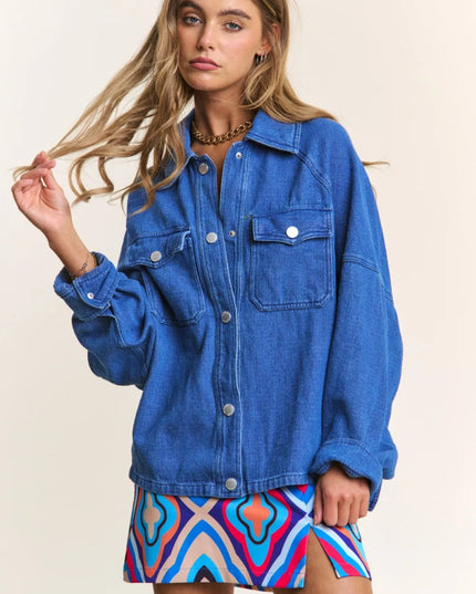 J.NNA Snap Down Long Sleeve Denim Shacket - THE AMERICAN BLUE
