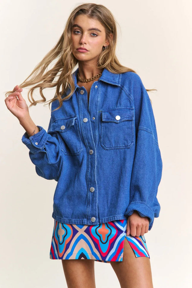 J.NNA Snap Down Long Sleeve Denim Shacket - THE AMERICAN BLUE