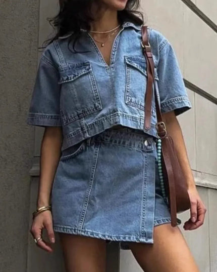 Johnny Collar Short Sleeve Top and Skort Denim Set - THE AMERICAN BLUE