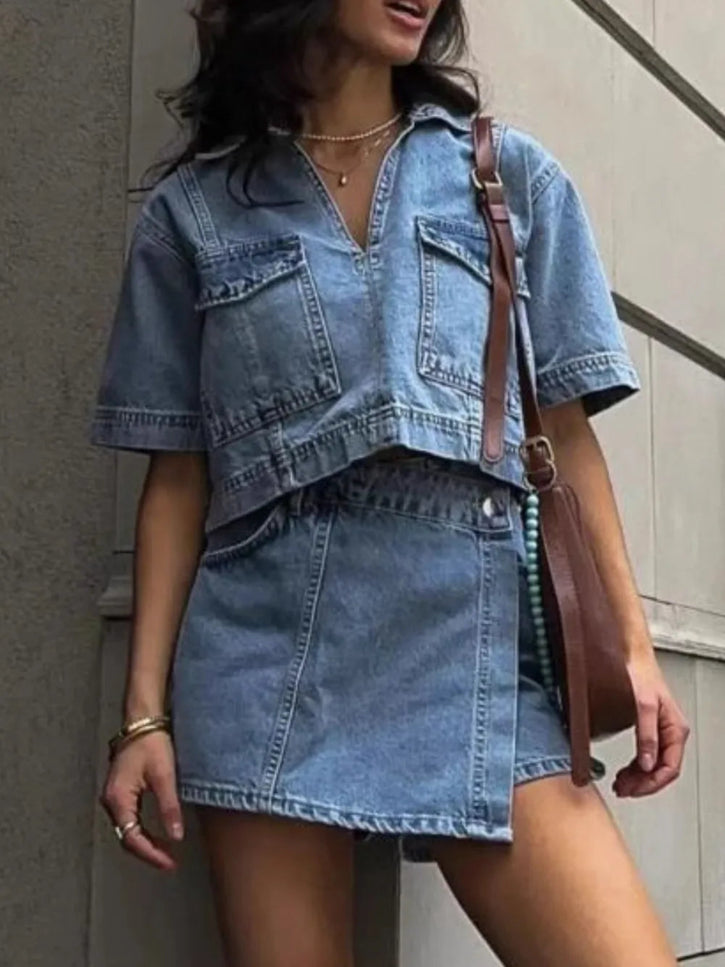 Johnny Collar Short Sleeve Top and Skort Denim Set - THE AMERICAN BLUE