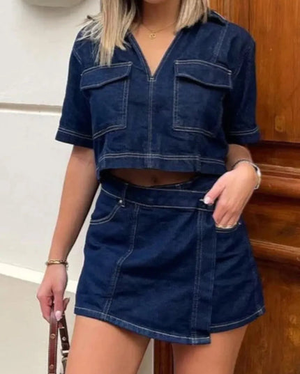 Johnny Collar Short Sleeve Top and Skort Denim Set - THE AMERICAN BLUE