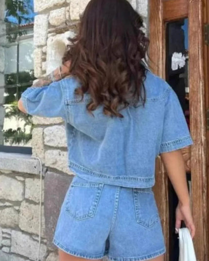 Johnny Collar Short Sleeve Top and Skort Denim Set - THE AMERICAN BLUE