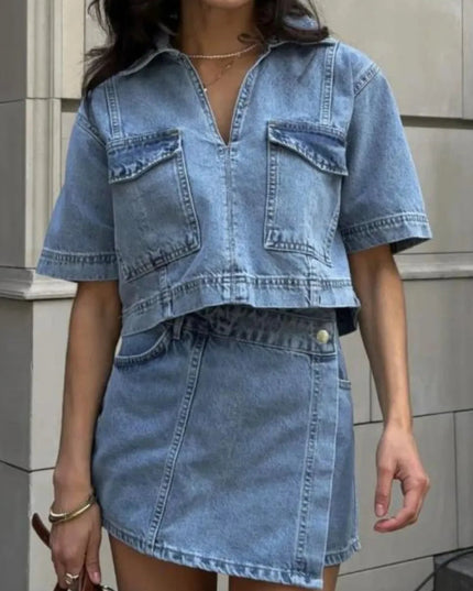 Johnny Collar Short Sleeve Top and Skort Denim Set - THE AMERICAN BLUE