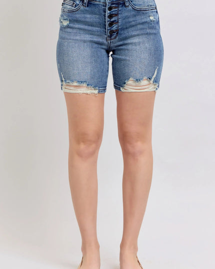 Judy Blue Button Fly Mid Length Denim Shorts W/ Destroy - THE AMERICAN BLUE