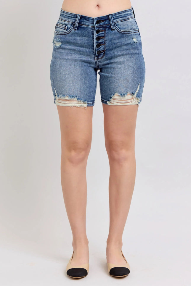 Judy Blue Button Fly Mid Length Denim Shorts W/ Destroy - THE AMERICAN BLUE