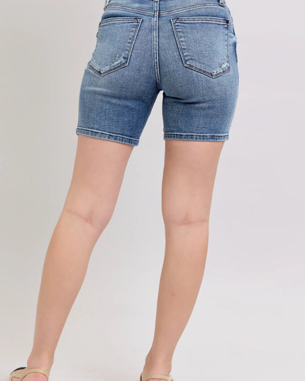 Judy Blue Button Fly Mid Length Denim Shorts W/ Destroy - THE AMERICAN BLUE