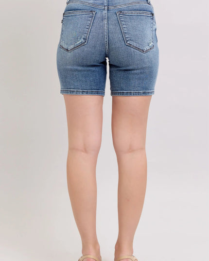 Judy Blue Button Fly Mid Length Denim Shorts W/ Destroy - THE AMERICAN BLUE
