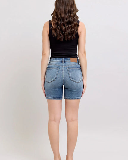Judy Blue Button Fly Mid Length Denim Shorts W/ Destroy - THE AMERICAN BLUE