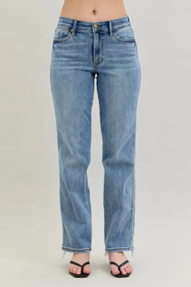 Judy Blue Frayed Hem Cell Phone Pocket Dad Jeans - THE AMERICAN BLUE