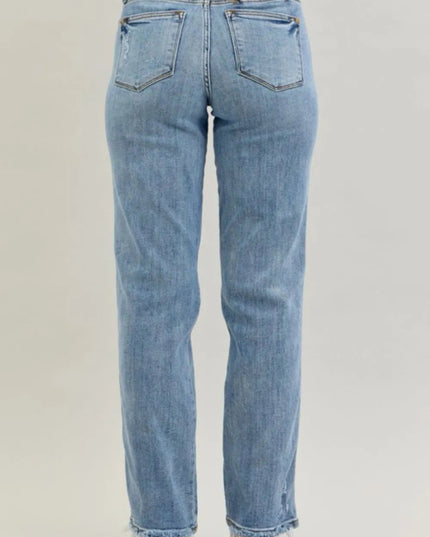 Judy Blue Frayed Hem Cell Phone Pocket Dad Jeans - THE AMERICAN BLUE