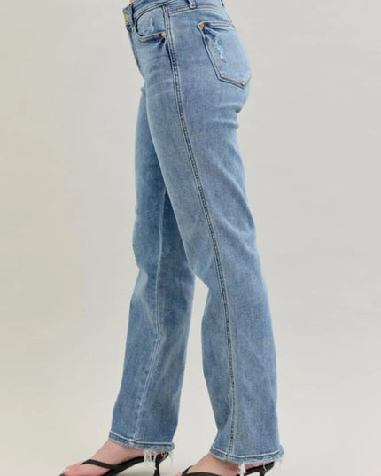 Judy Blue Frayed Hem Cell Phone Pocket Dad Jeans - THE AMERICAN BLUE