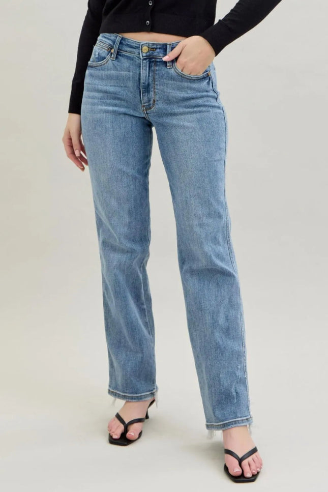 Judy Blue Frayed Hem Cell Phone Pocket Dad Jeans - THE AMERICAN BLUE