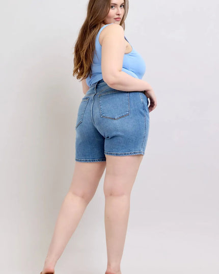 Judy Blue Full Size 2 Button Denim Shorts with Pockets Plus Size - THE AMERICAN BLUE