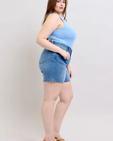 Judy Blue Full Size 2 Button Denim Shorts with Pockets Plus Size - THE AMERICAN BLUE