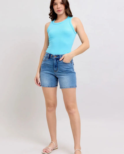 Judy Blue Full Size 2 Button Denim Shorts with Pockets Plus Size - THE AMERICAN BLUE