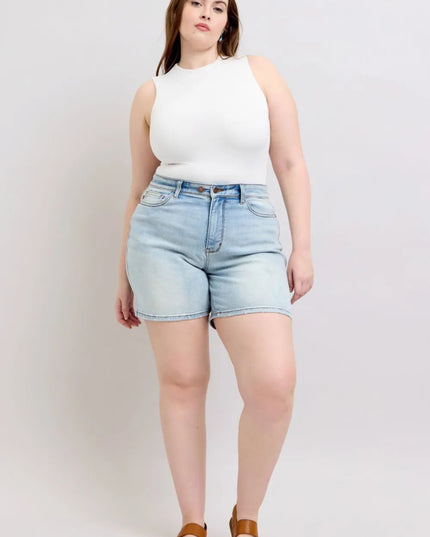 Judy Blue Full Size 2 Button Denim Shorts with Pockets Plus Size - THE AMERICAN BLUE
