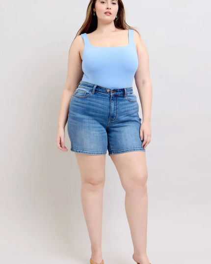 Judy Blue Full Size 2 Button Denim Shorts with Pockets Plus Size - THE AMERICAN BLUE