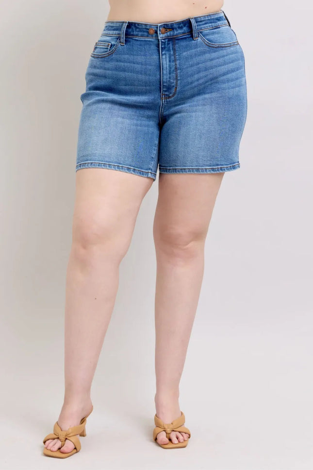 Judy Blue Full Size 2 Button Denim Shorts with Pockets Plus Size - THE AMERICAN BLUE