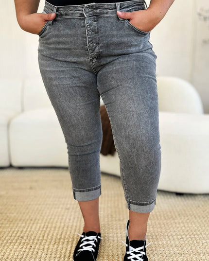 Judy Blue Full Size Button Fly High Waist Cuffed Capris - THE AMERICAN BLUE
