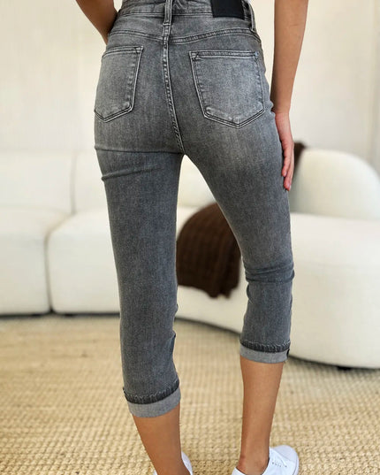 Judy Blue Full Size Button Fly High Waist Cuffed Capris - THE AMERICAN BLUE