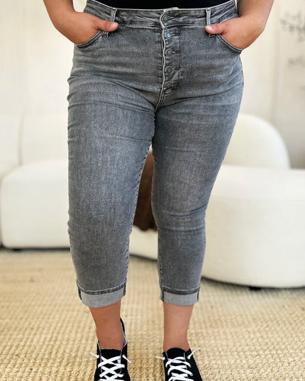 Judy Blue Full Size Button Fly High Waist Cuffed Capris - THE AMERICAN BLUE