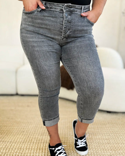 Judy Blue Full Size Button Fly High Waist Cuffed Capris - THE AMERICAN BLUE