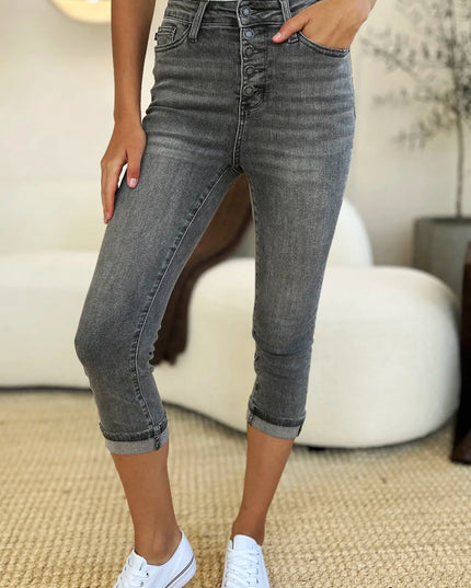 Judy Blue Full Size Button Fly High Waist Cuffed Capris - THE AMERICAN BLUE
