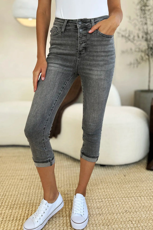 Judy Blue Full Size Button Fly High Waist Cuffed Capris - THE AMERICAN BLUE