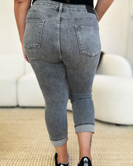 Judy Blue Full Size Button Fly High Waist Cuffed Capris - THE AMERICAN BLUE