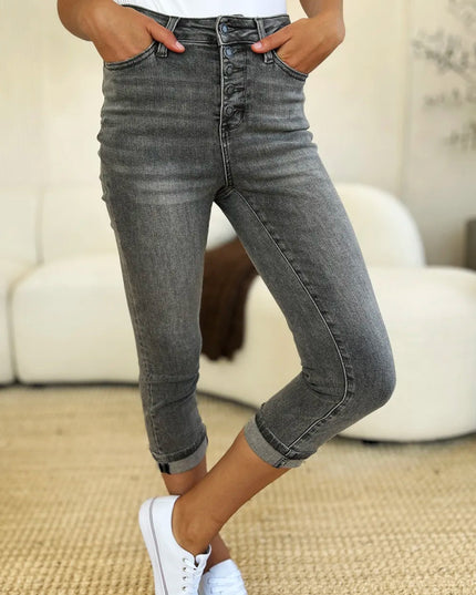 Judy Blue Full Size Button Fly High Waist Cuffed Capris - THE AMERICAN BLUE