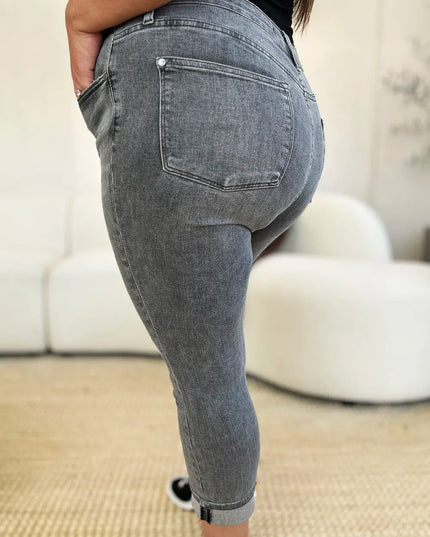 Judy Blue Full Size Button Fly High Waist Cuffed Capris - THE AMERICAN BLUE
