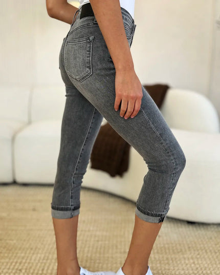 Judy Blue Full Size Button Fly High Waist Cuffed Capris - THE AMERICAN BLUE