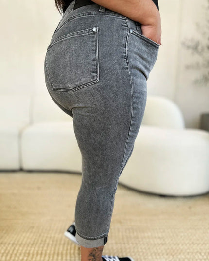 Judy Blue Full Size Button Fly High Waist Cuffed Capris - THE AMERICAN BLUE