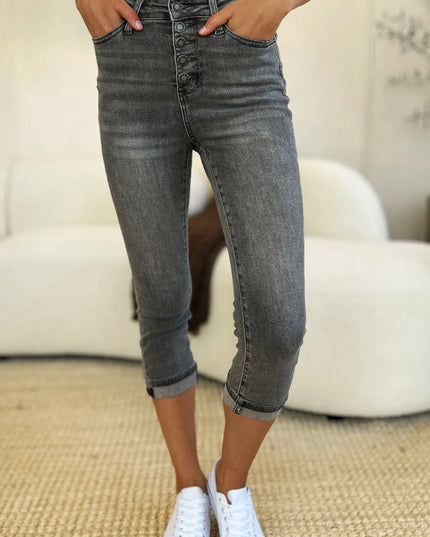 Judy Blue Full Size Button Fly High Waist Cuffed Capris - THE AMERICAN BLUE