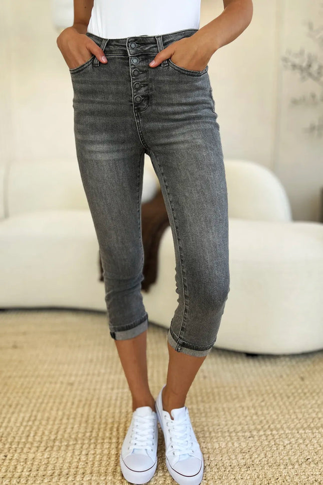 Judy Blue Full Size Button Fly High Waist Cuffed Capris - THE AMERICAN BLUE