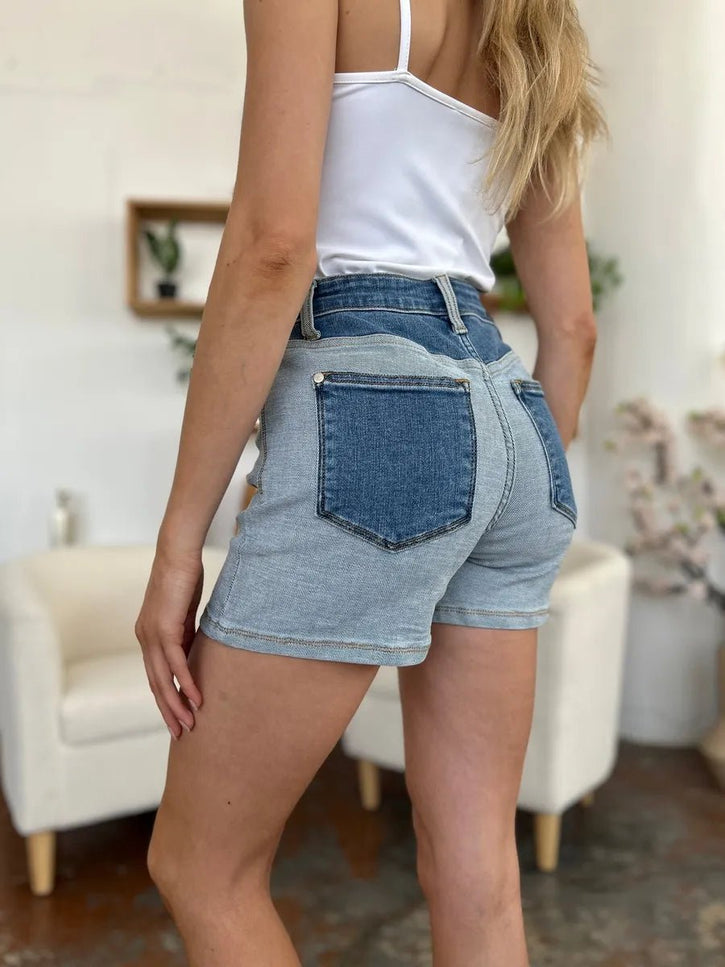 Judy Blue Full Size Color Block Denim Shorts - THE AMERICAN BLUE